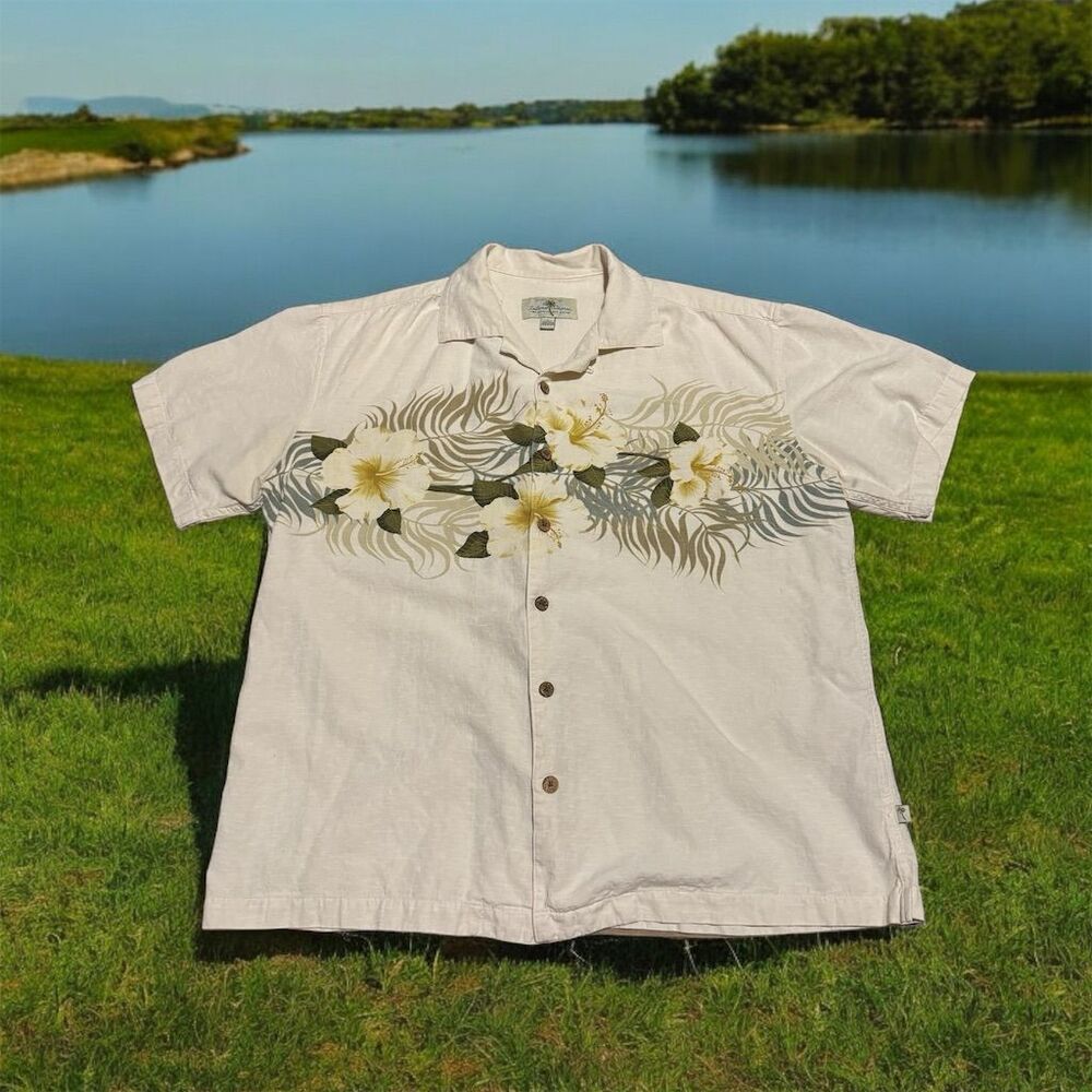 Island Shores  vintage Men's XL Hawaiian Floral Shirt Ivory Short Sleeve